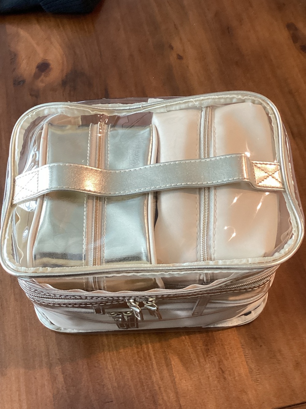 Clear Top Cream and Metallic Gold Travel Cosmetic Organizer